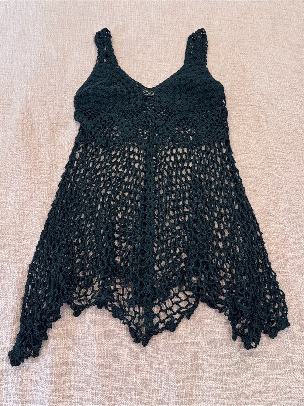 Synthetic knit Black Crochet Tank Swim Cover-Up with Pointed Hem